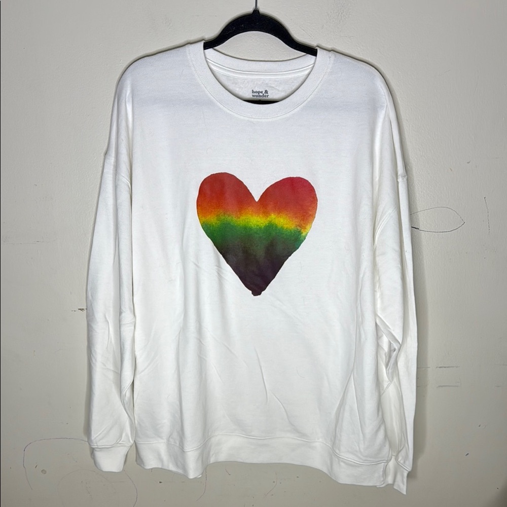 Hope & Wonder Cotton Blend Crew Neck White Sweatshirt with Rainbow Heart XL